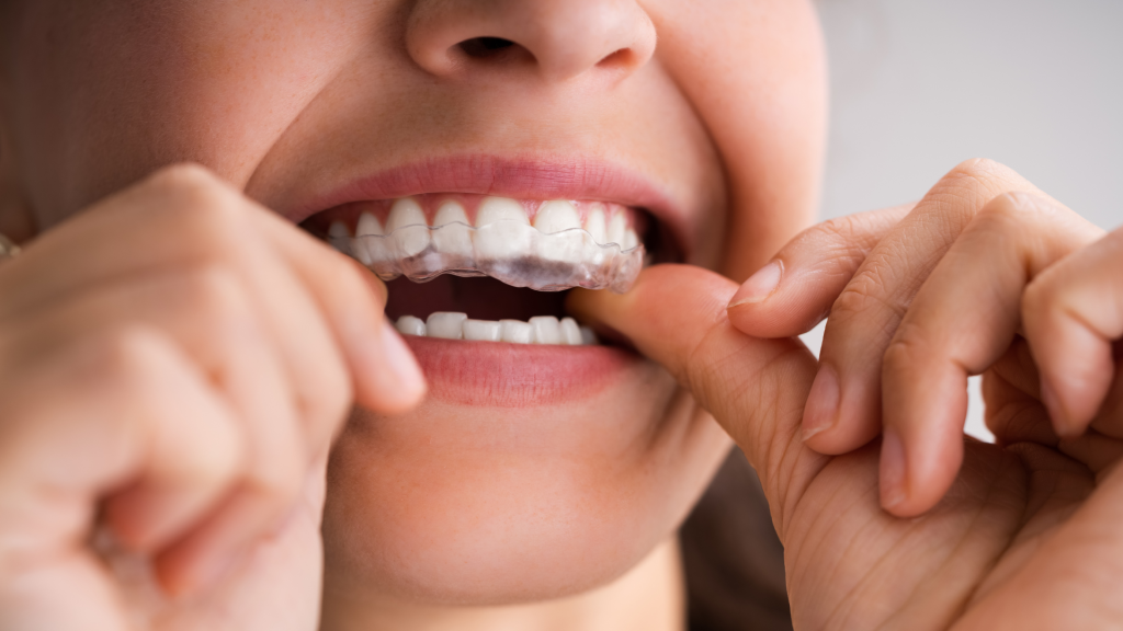 A lady placing a clear aligner onto her top teeth with both hands.